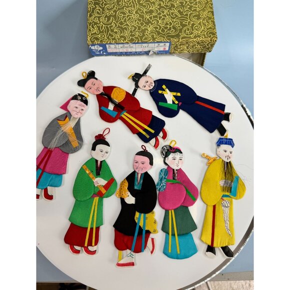 Set Of 8 Chinese Silk & Cardboard Immortal Ornaments Multicolor 5.5" With Box - Picture 3 of 8